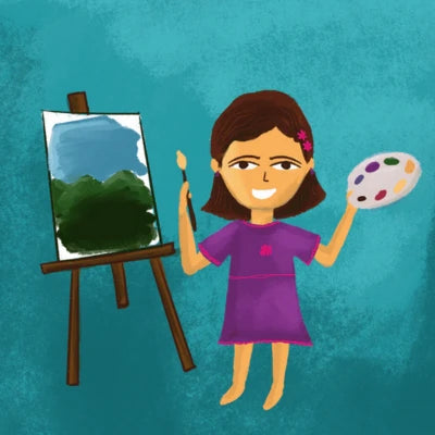 A girl painting a landscape on a canvas.
